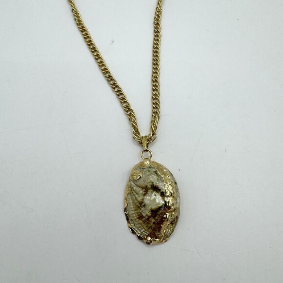 Vintage Gold Dipped Abalone Shell Long Necklace Coastal Beachy Bohemian 27” - Picture 2 of 11